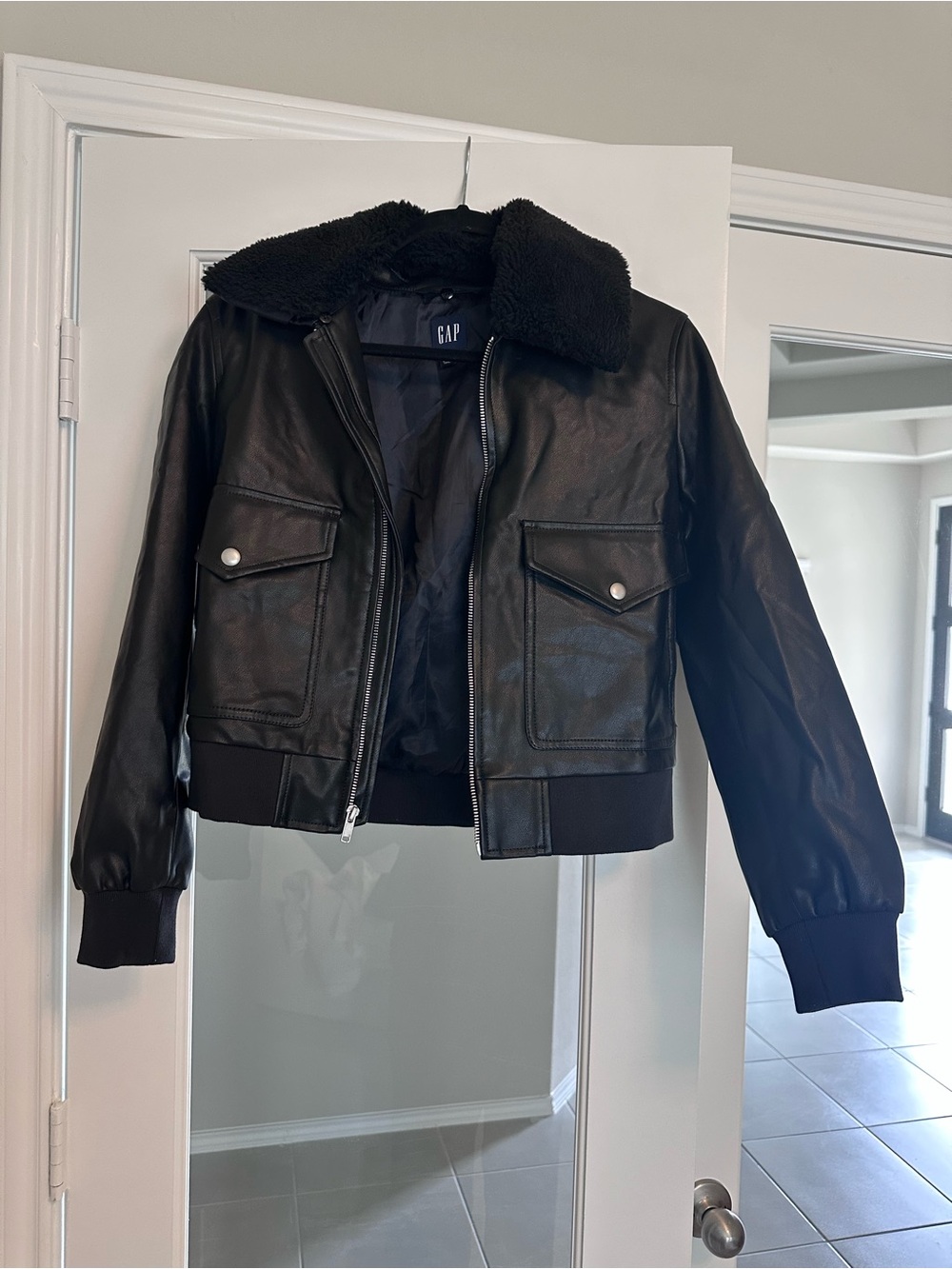 GAP Black Faux-Leather Bomber Jacket with Sherpa Collar